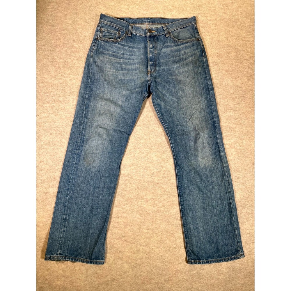Levis 501 Original Fit Jeans Men 36x32 Blue Whiskered Denim Cotton Mid Rise Logo